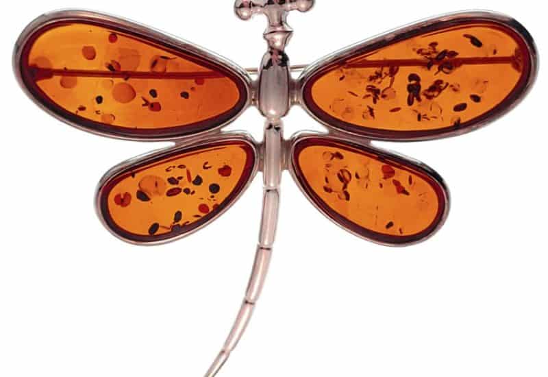 Broche libélula de ámbar fabricado en plata de 70 milímetros