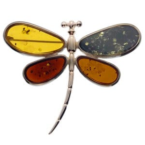 Broche libélula de cuatro colores de ámbar en plata