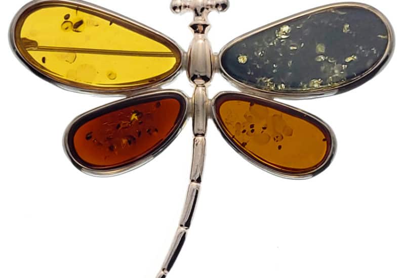 Broche libélula de cuatro colores de ámbar en plata