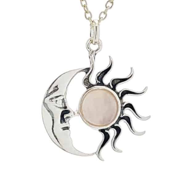 Colgante sol y luna de cuarzo rosa en plata 925
