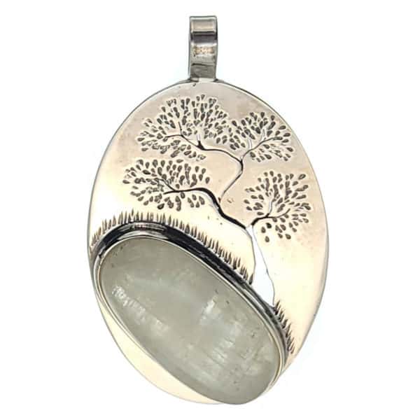 Colgante plata con piedra luna y grabado del árbol de la vida (3)