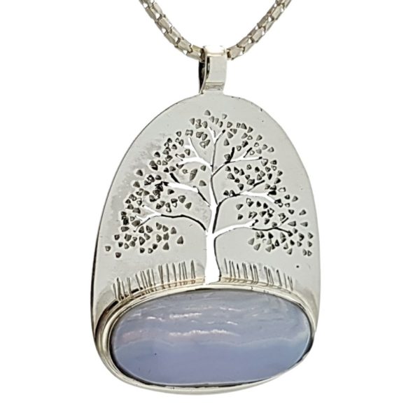 Colgante calcedonia azul y plata con el símbolo del árbol de la vida (3)