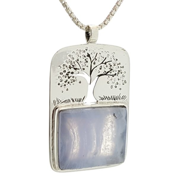 Colgante símbolo del árbol de la vida con calcedonia azul en plata (5)
