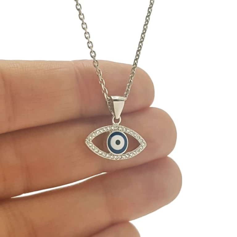 Colgante Hamsa De Plata Sterling Con Ojo Turco Y Circonitas Azules - Cadena 18 Pulgadas Para Mujer