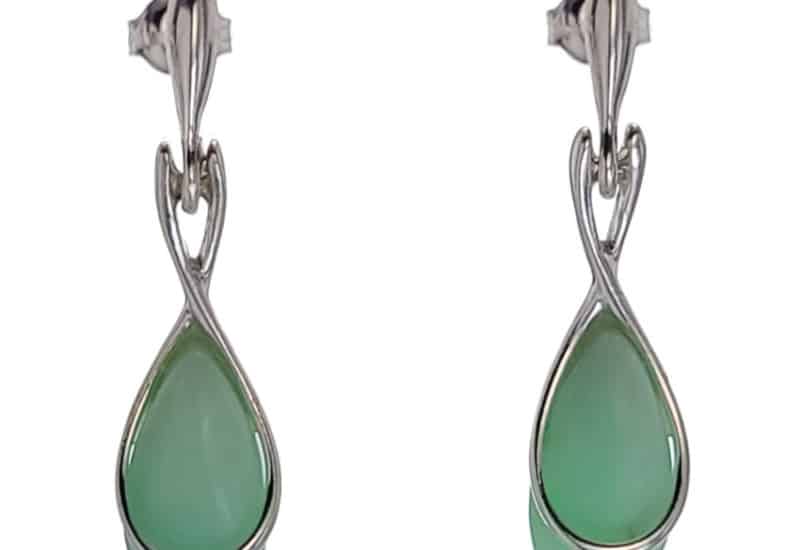 Pendientes largos de crisoprasa verde en plata 925