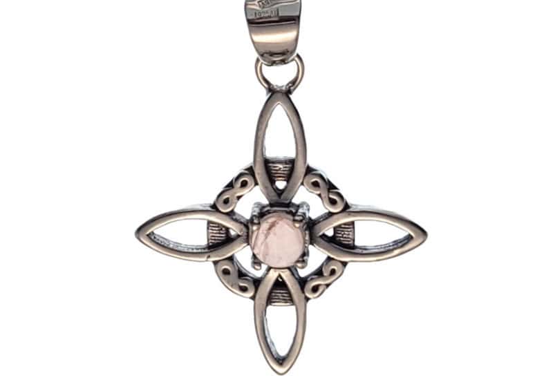 Colgante nudo de bruja de cuarzo rosa y plata de 35×27 mm.