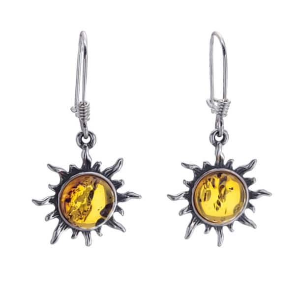 Pendientes sol de plata y ámbar de gancho hippie (1)