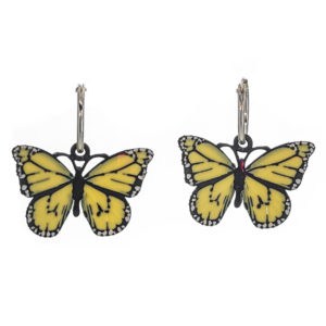 Pendientes mariposa amarilla en aro de plata de 15 mm. Pendientes mariposa amarilla en aro de plata de 15 mm.