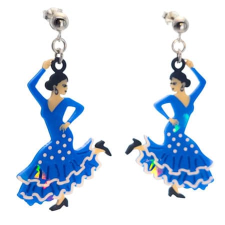 Pendientes flamenca - vestido azul de lunares y volantes blancos