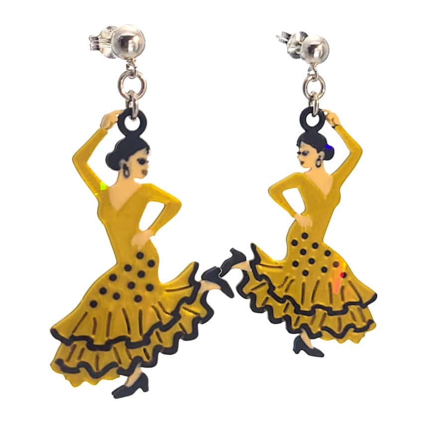 Pendientes flamenca – vestido dorado de lunares y volantes negros (1) Pendientes flamenca – vestido dorado de lunares y volantes negros (1)