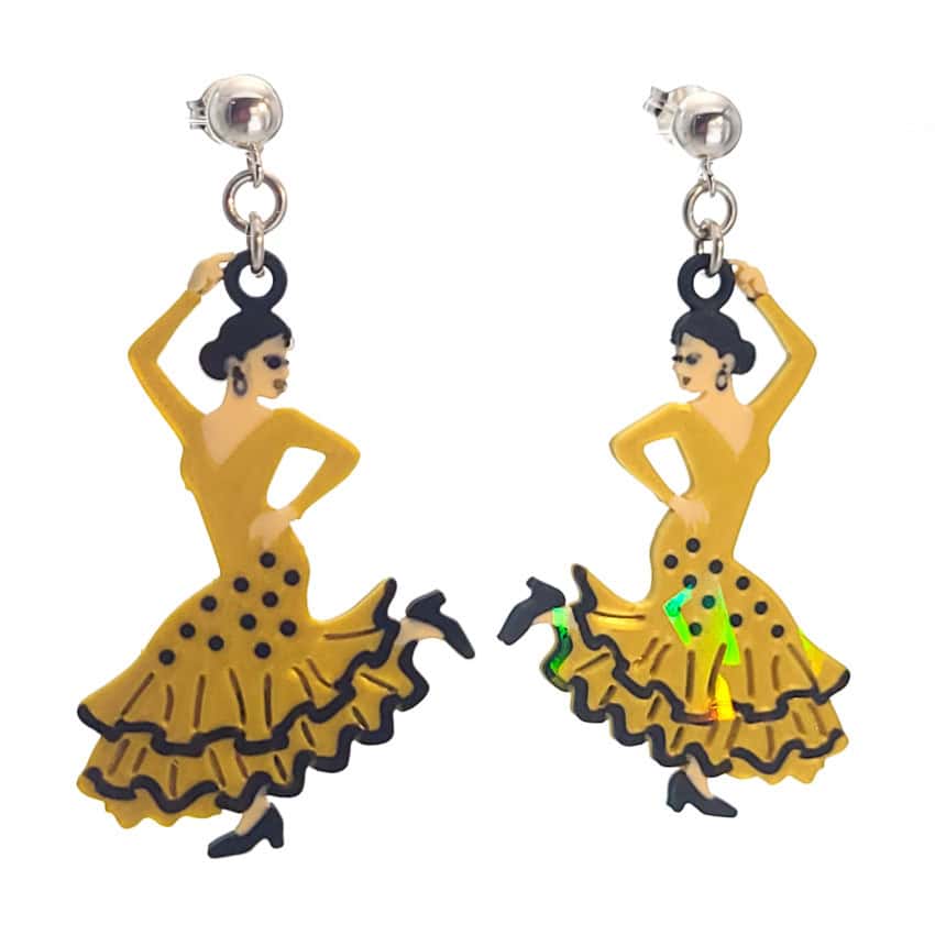 Pendientes flamenca – vestido dorado de lunares y volantes negros (2) Pendientes flamenca – vestido dorado de lunares y volantes negros (2)