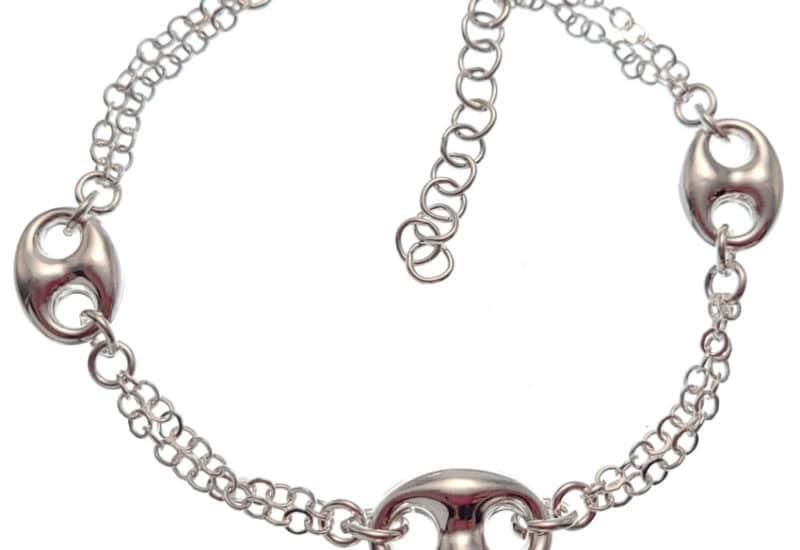 Pulsera tres calabrotes con cadena rolo en plata