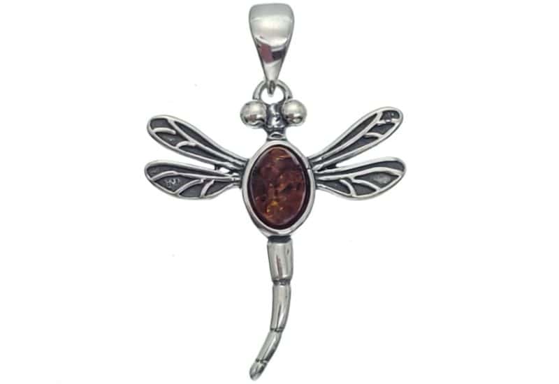 Colgante libélula de plata con cuerpo de ámbar