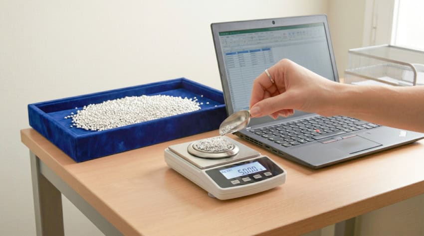 Proceso de Pesaje de Granalla de Plata Pura - La Mina de Plata Una mano con un anillo sencillo añade granalla de plata pura sobre el plato de una báscula digital de precisión. La báscula muestra el peso exacto de "50.00" gramos. Al fondo, sobre una mesa de madera clara, se aprecia una gran bandeja de terciopelo azul llena de más granalla de plata y un ordenador portátil abierto con una hoja de cálculo visible.